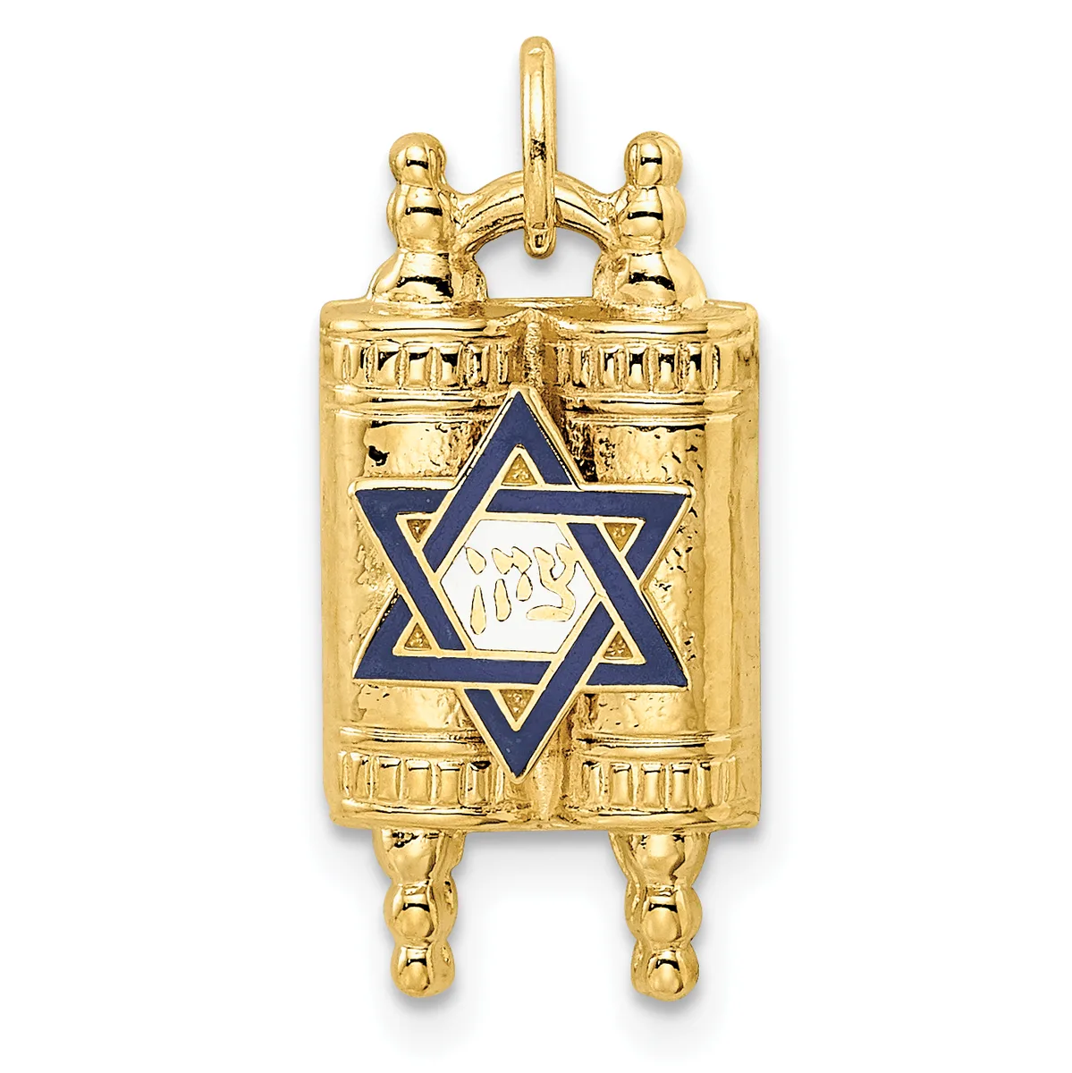 Gold-colored Torah pointer pendant with blue Star of David and Hebrew text in the center, featuring decorative finials at top and bottom.