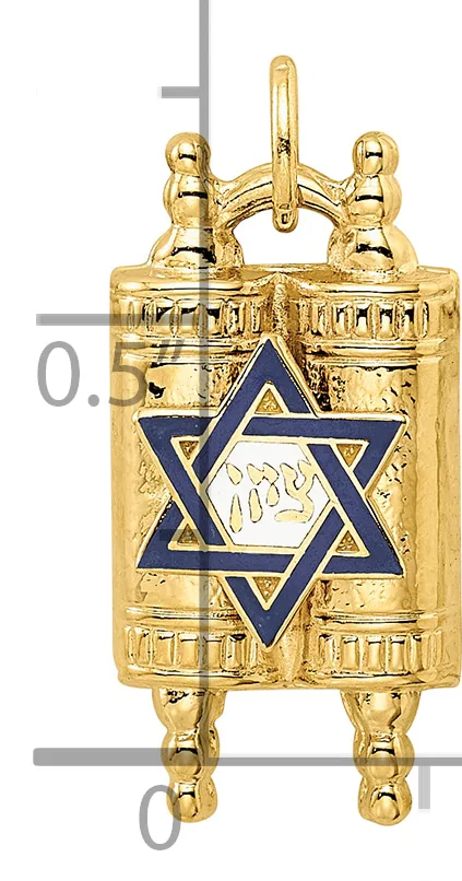 Gold-toned metal Torah pointer with blue enamel Star of David on the cylindrical body and decorative finials at top and bottom.