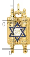 Gold-toned metal Torah pointer with blue enamel Star of David on the cylindrical body and decorative finials at top and bottom.