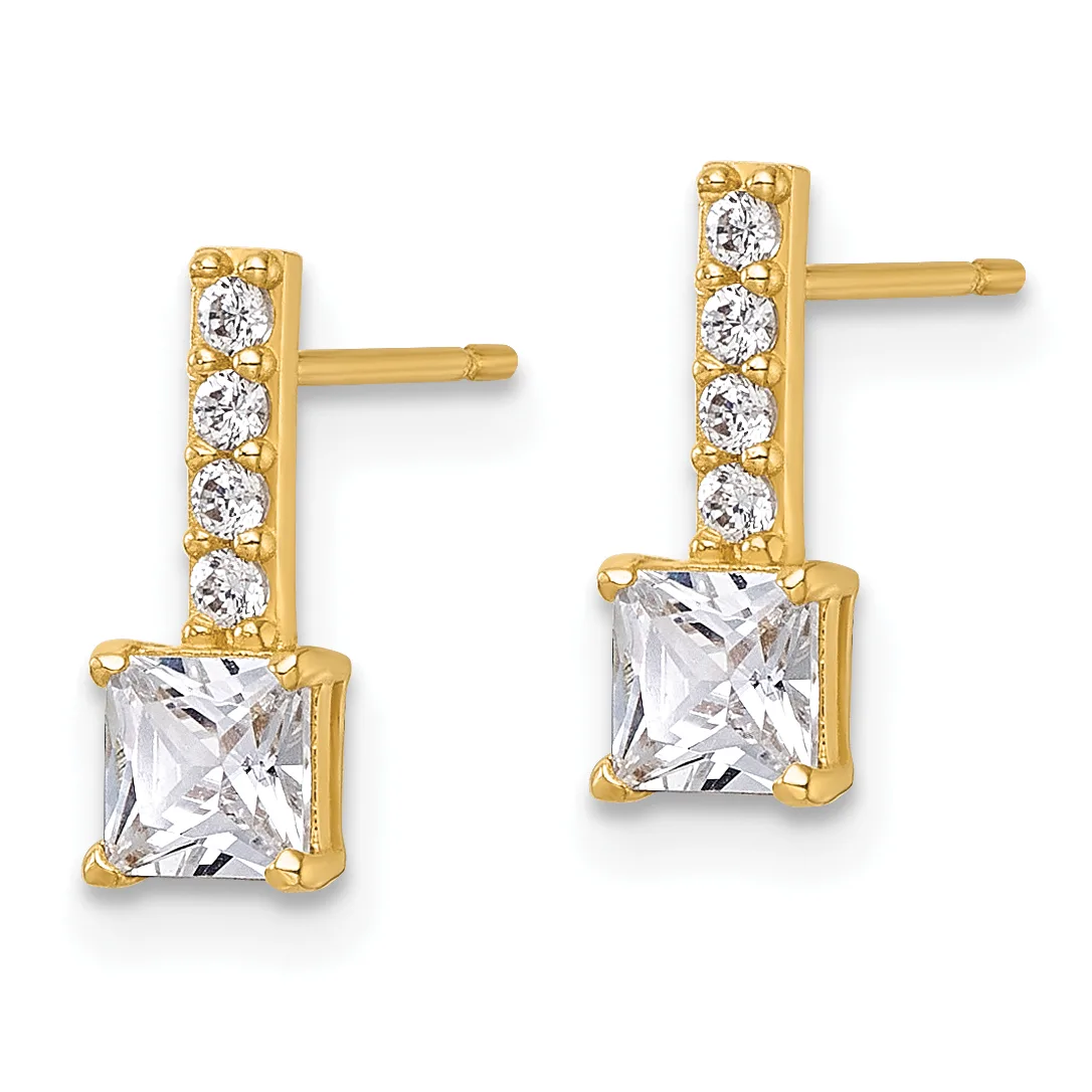 A pair of gold stud earrings featuring square-cut clear crystals suspended below vertical bars set with round brilliant stones.