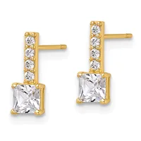 A pair of gold stud earrings featuring square-cut clear crystals suspended below vertical bars set with round brilliant stones.