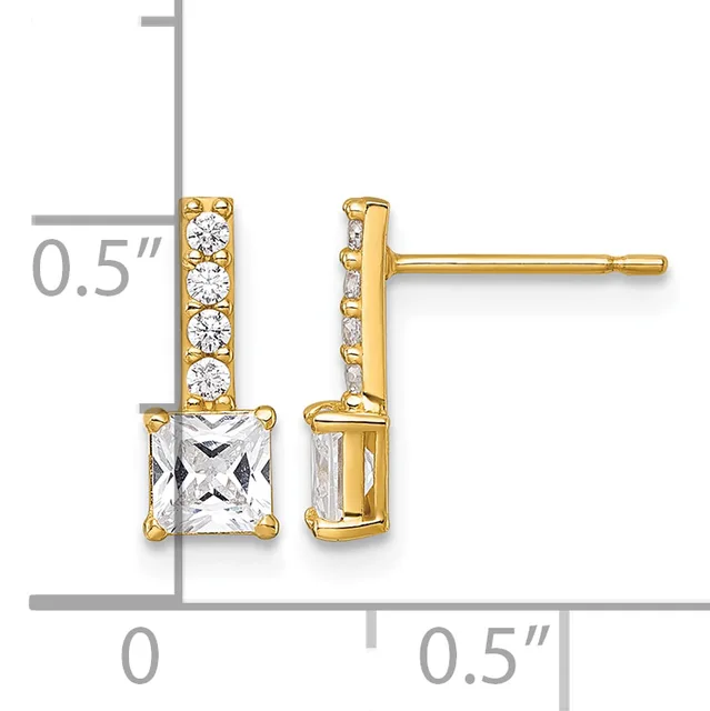 Gold stud earrings with square-cut cubic zirconia drops and round stone accents along the posts, shown with a measurement scale indicating 0.5 inches in length.