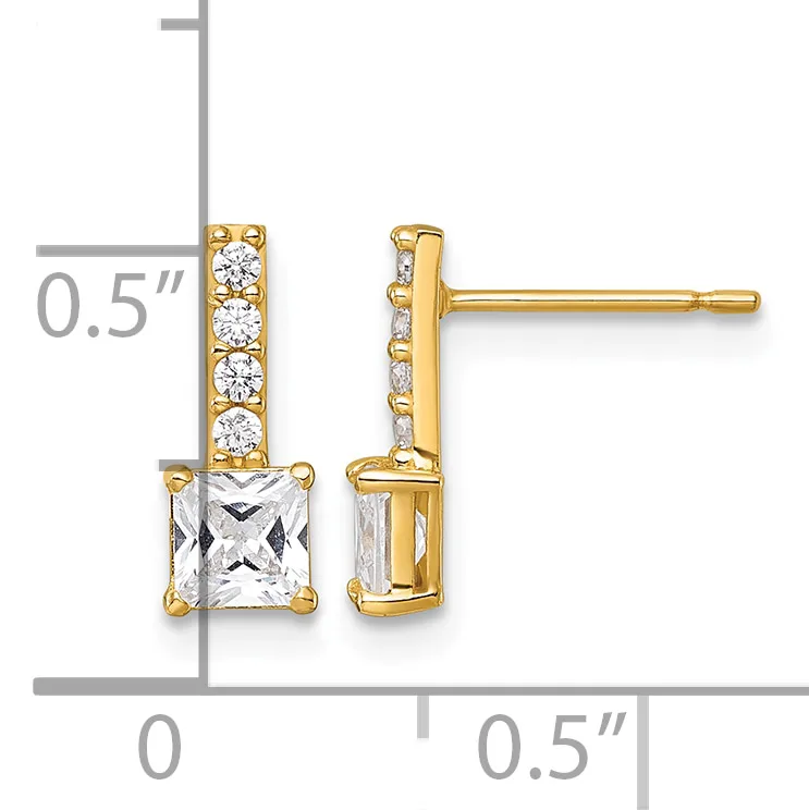 Gold stud earrings with square-cut cubic zirconia drops and round stone accents along the posts, shown with a measurement scale indicating 0.5 inches in length.