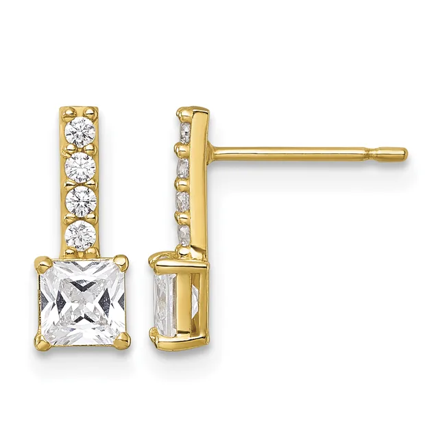 Pair of gold stud earrings with square-cut clear crystals at the base and four round clear stones stacked above, shown from front and side views.