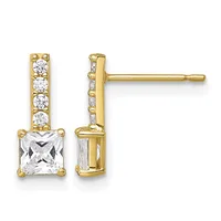 Pair of gold stud earrings with square-cut clear crystals at the base and four round clear stones stacked above, shown from front and side views.