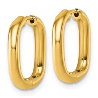 A pair of polished gold hoop earrings with a chunky, rounded tubular design and hinged closures, shown against a white background.
