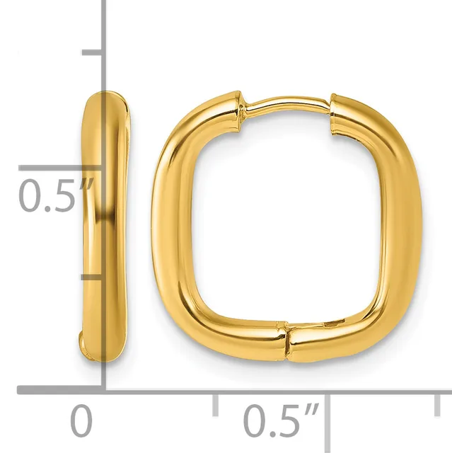 A pair of polished gold-colored chunky square hoop earrings with hinged closures, displayed against a measurement scale showing approximately 0.5 inches in width and depth.