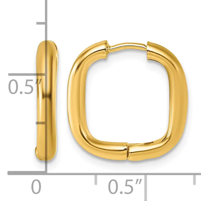 A pair of polished gold-colored chunky square hoop earrings with hinged closures, displayed against a measurement scale showing approximately 0.5 inches in width and depth.