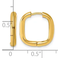 A pair of polished gold-colored chunky square hoop earrings with hinged closures, displayed against a measurement scale showing approximately 0.5 inches in width and depth.