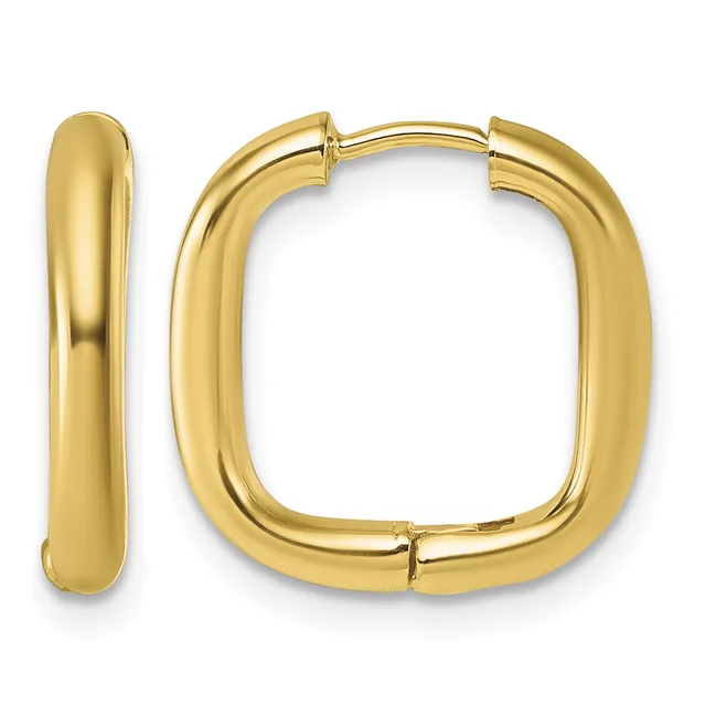 A pair of polished gold-toned square hoop earrings with rounded edges, shown from the front and side views.