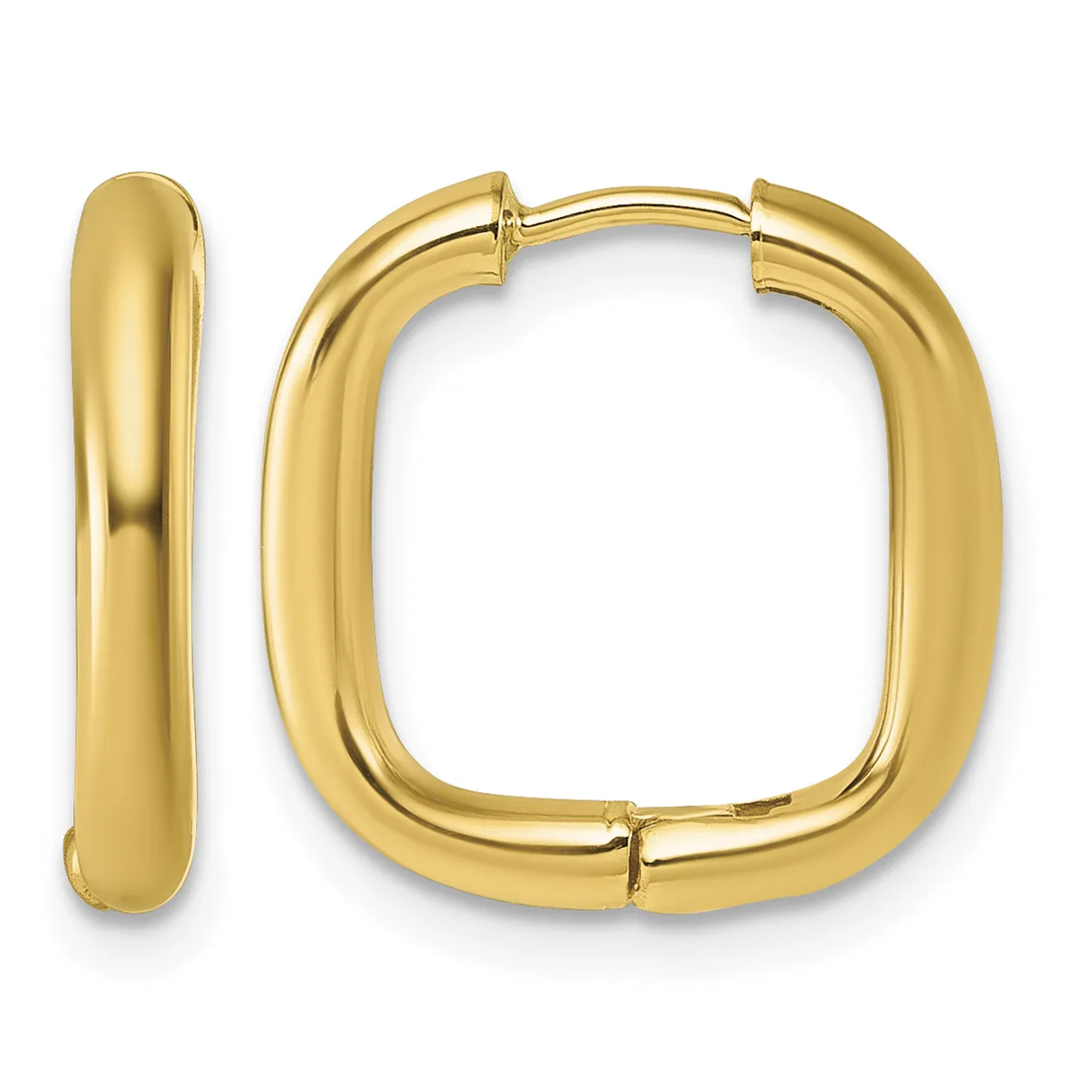 A pair of polished gold-toned square hoop earrings with rounded edges, shown from the front and side views.