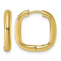 A pair of polished gold-toned square hoop earrings with rounded edges, shown from the front and side views.
