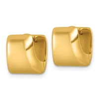 Pair of polished gold-colored chunky square hoop earrings with a hinged closure, shown against a white background.