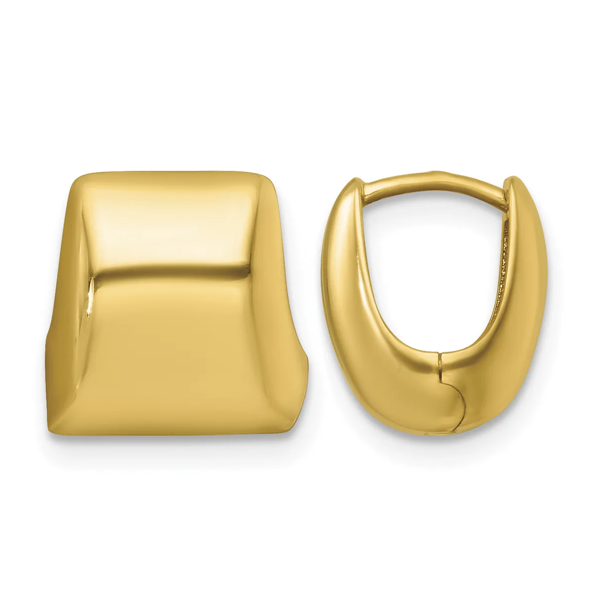A pair of polished gold huggie earrings shown from front and side views, featuring rounded rectangular shapes with a high shine finish.