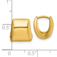 A pair of polished yellow gold chunky hoop earrings displayed next to a measurement scale showing approximately 0.5 inches in height and width.