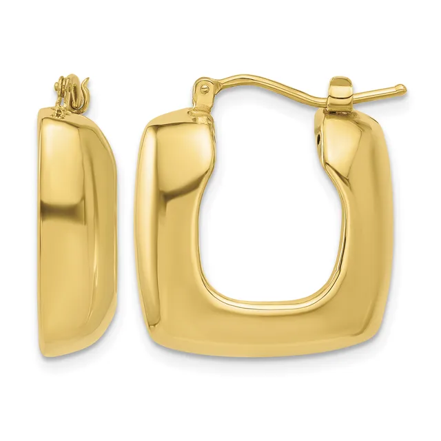 A pair of polished gold-colored hoop earrings with a chunky, curved rectangular shape and post-and-clutch closures shown from front and side views.