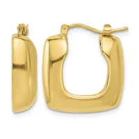 A pair of polished gold-colored hoop earrings with a chunky, curved rectangular shape and post-and-clutch closures shown from front and side views.