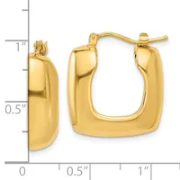 Polished gold-colored square hoop earrings with rounded corners displayed next to a measurement ruler showing approximately one inch in height and half inch in depth.