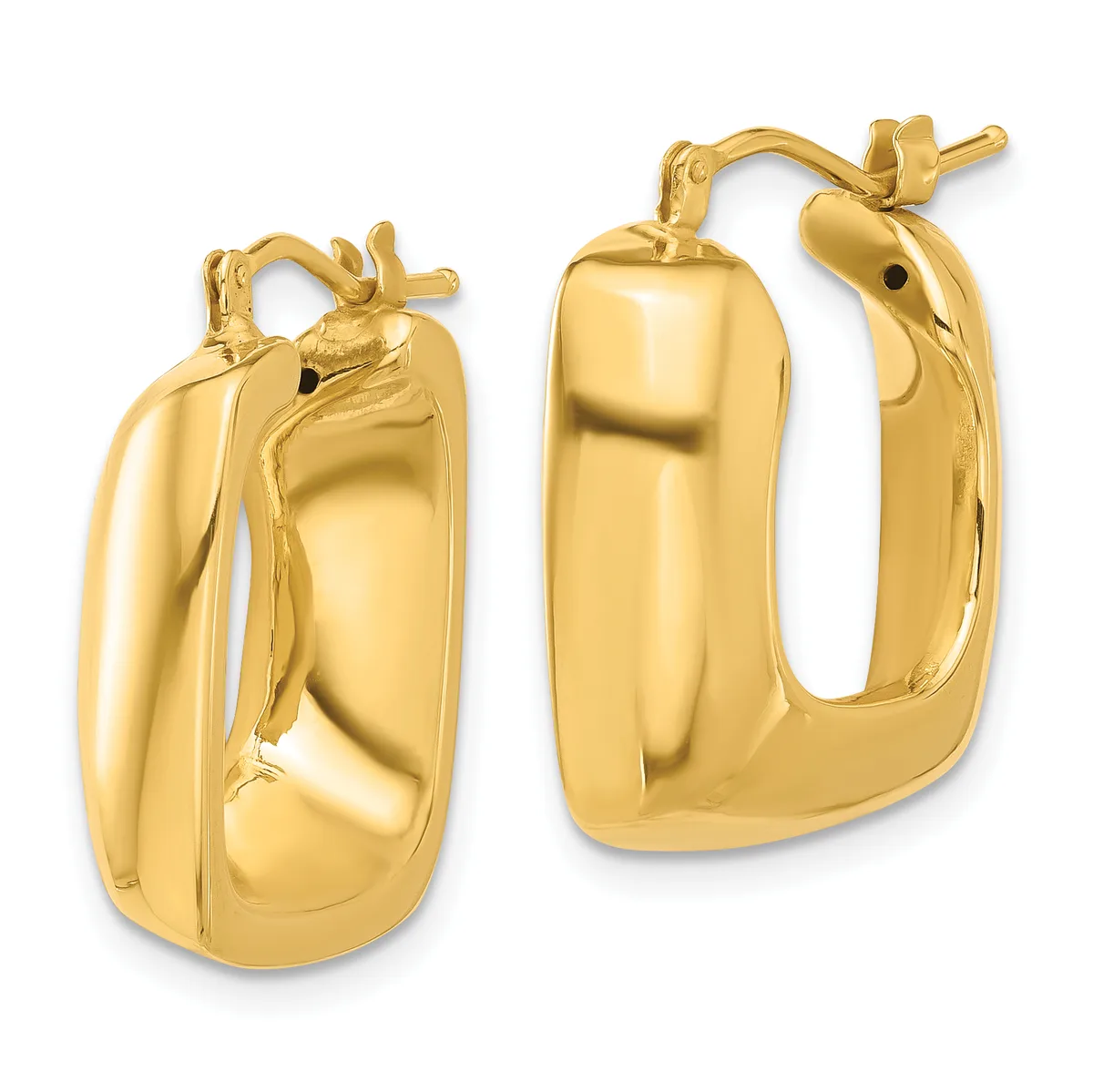 A pair of polished gold hoop earrings with a chunky, curved rectangular shape and hinged closures, shown from front and back views.