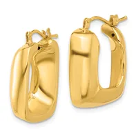 A pair of polished gold hoop earrings with a chunky, curved rectangular shape and hinged closures, shown from front and back views.