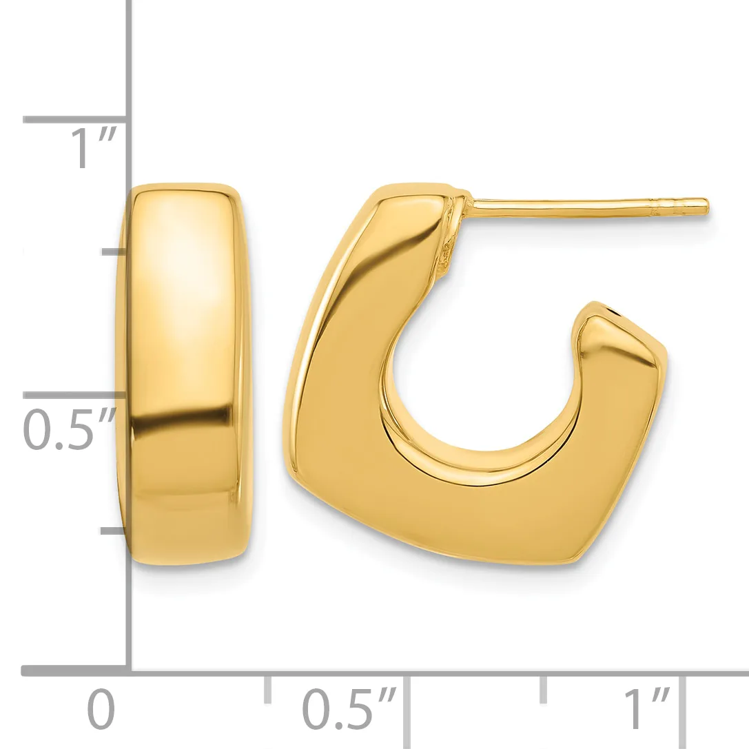 A pair of polished gold hoop earrings with a curved rectangular shape, shown with a measurement scale indicating they are approximately one inch tall and half an inch wide.