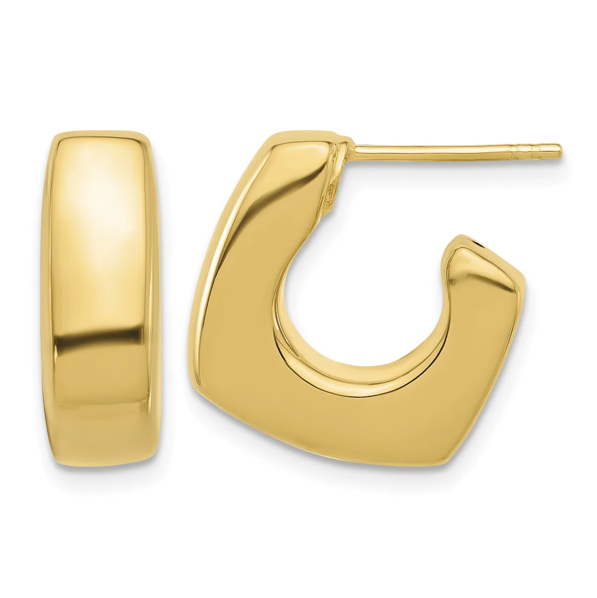 Pair of polished gold-colored hoop earrings with a curved, chunky rectangular profile, displayed from front and side angles.