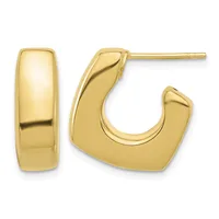 Pair of polished gold-colored hoop earrings with a curved, chunky rectangular profile, displayed from front and side angles.