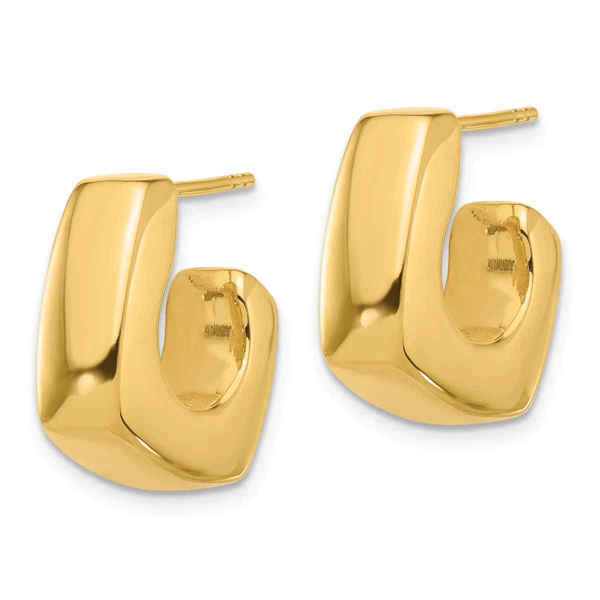 A pair of polished gold-toned chunky curved square earrings with posts and backs, shown from the front against a white background.