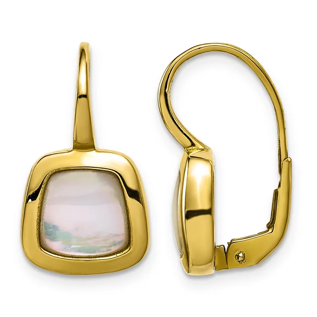 Pair of gold-toned lever-back earrings with cushion-shaped frames featuring mother-of-pearl or pale iridescent stone centers, shown from front and side views.