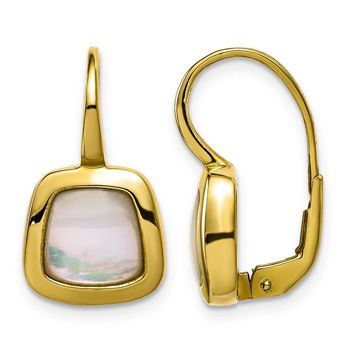 Pair of gold-toned lever-back earrings with cushion-shaped frames featuring mother-of-pearl or pale iridescent stone centers, shown from front and side views.