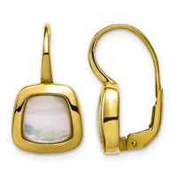 Pair of gold-toned lever-back earrings with cushion-shaped frames featuring mother-of-pearl or pale iridescent stone centers, shown from front and side views.