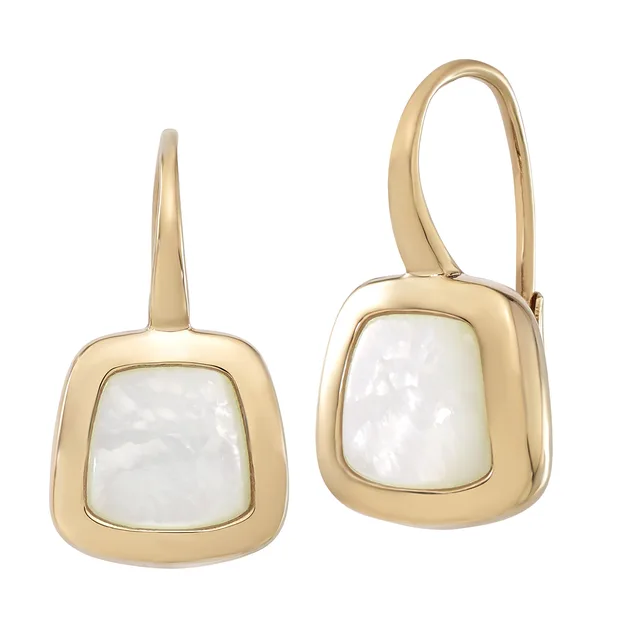 Pair of gold-toned drop earrings with squared rounded frames featuring white mother-of-pearl inlay, shown from front and side angles.