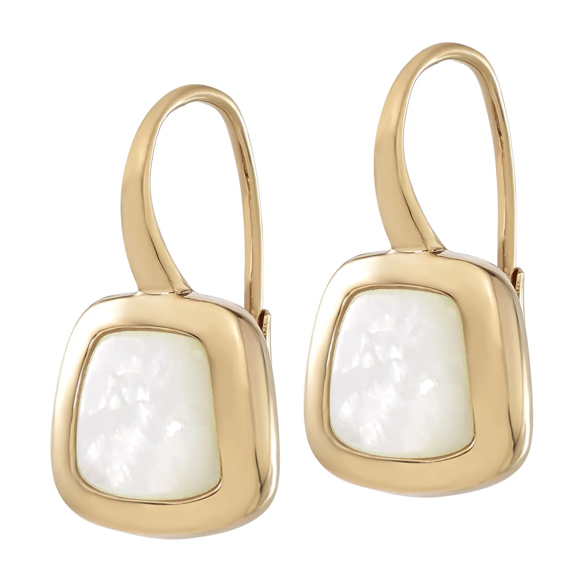 A pair of gold-toned earrings with white mother-of-pearl square faces and polished curved gold frames with wire hook closures.