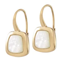 A pair of gold-toned earrings with white mother-of-pearl square faces and polished curved gold frames with wire hook closures.