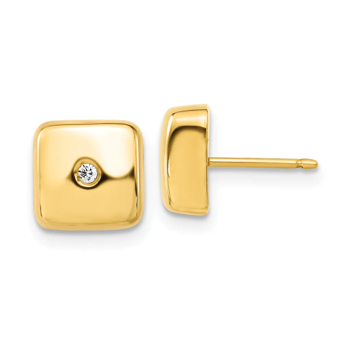 Pair of gold square stud earrings with rounded corners, each featuring a small round diamond set in the center, shown from front and side views.