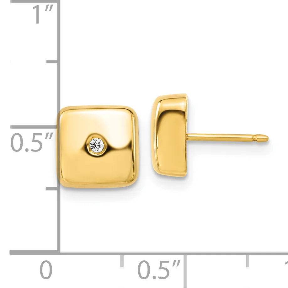 Pair of gold-toned square stud earrings with rounded corners, each featuring a small round diamond in the center, shown from front and side views with measurement scale.