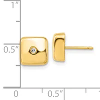 Pair of gold-toned square stud earrings with rounded corners, each featuring a small round diamond in the center, shown from front and side views with measurement scale.