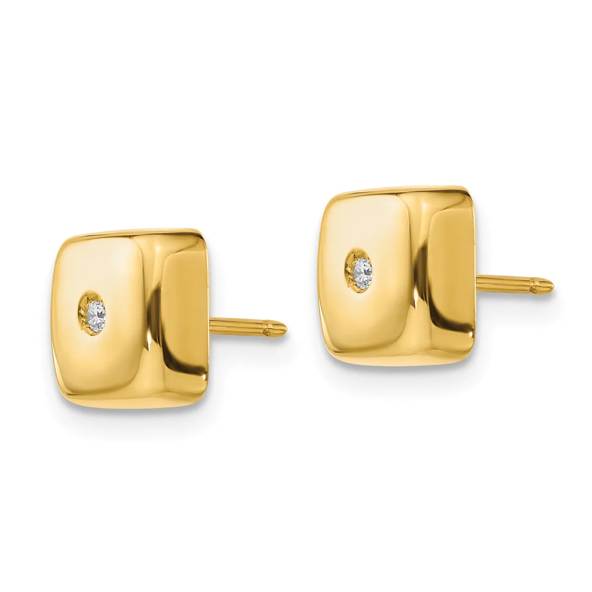 A pair of polished gold square stud earrings with small diamond accents, shown from the front and back views against a white background.