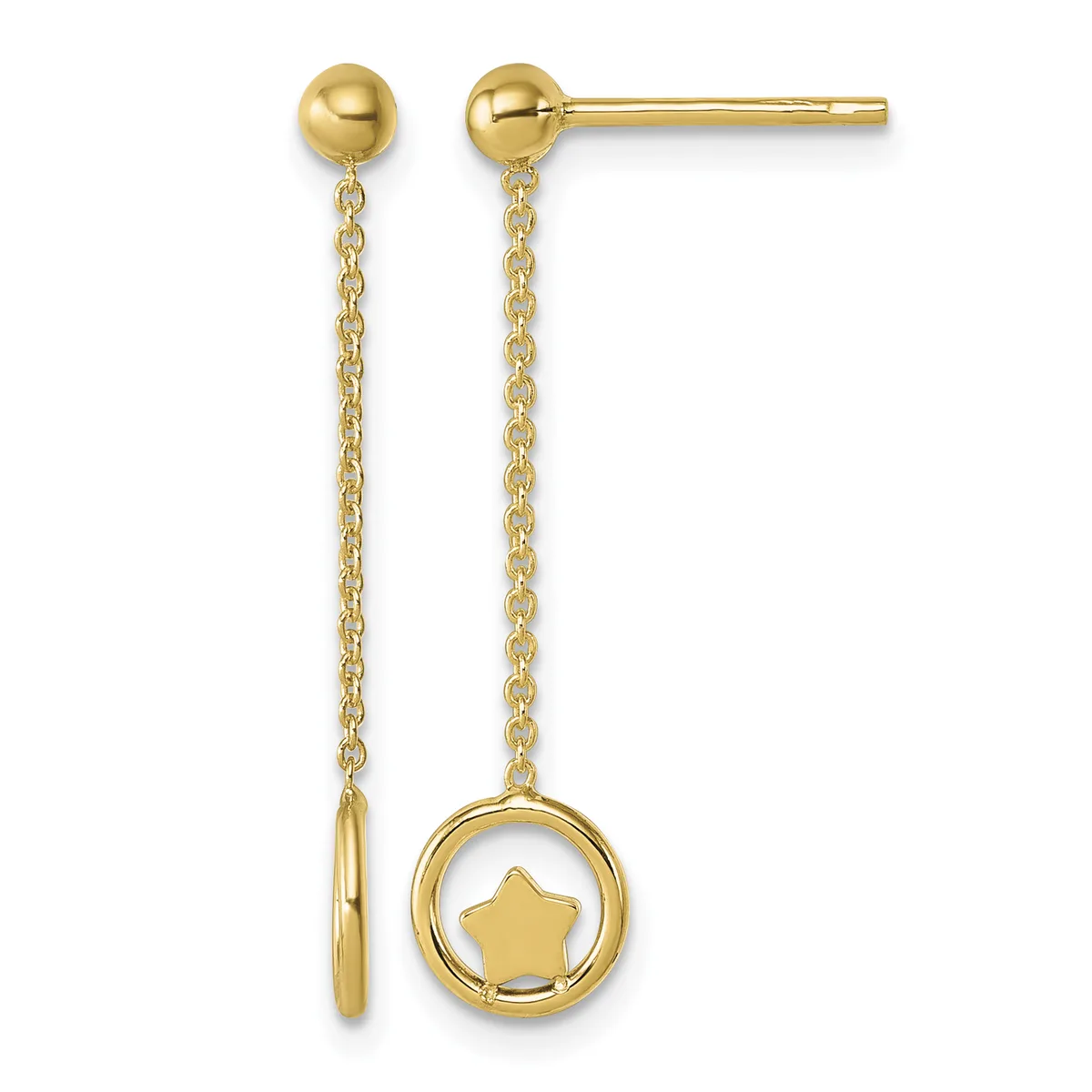 Pair of gold dangle earrings with ball studs connected to delicate chains, one ending in a circle with a star cutout and the other in a simple chain loop.