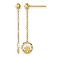 Pair of gold dangle earrings with ball studs connected to delicate chains, one ending in a circle with a star cutout and the other in a simple chain loop.