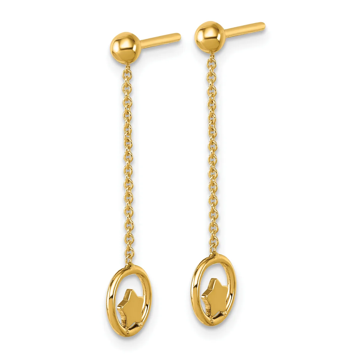Pair of gold dangle earrings with ball studs connected by delicate chains to oval rings with geometric cutouts at the bottom.