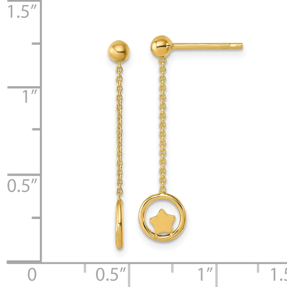Gold ball stud earrings with dangling chain and star charm, shown next to a ruler measuring approximately 1.25 inches in length.