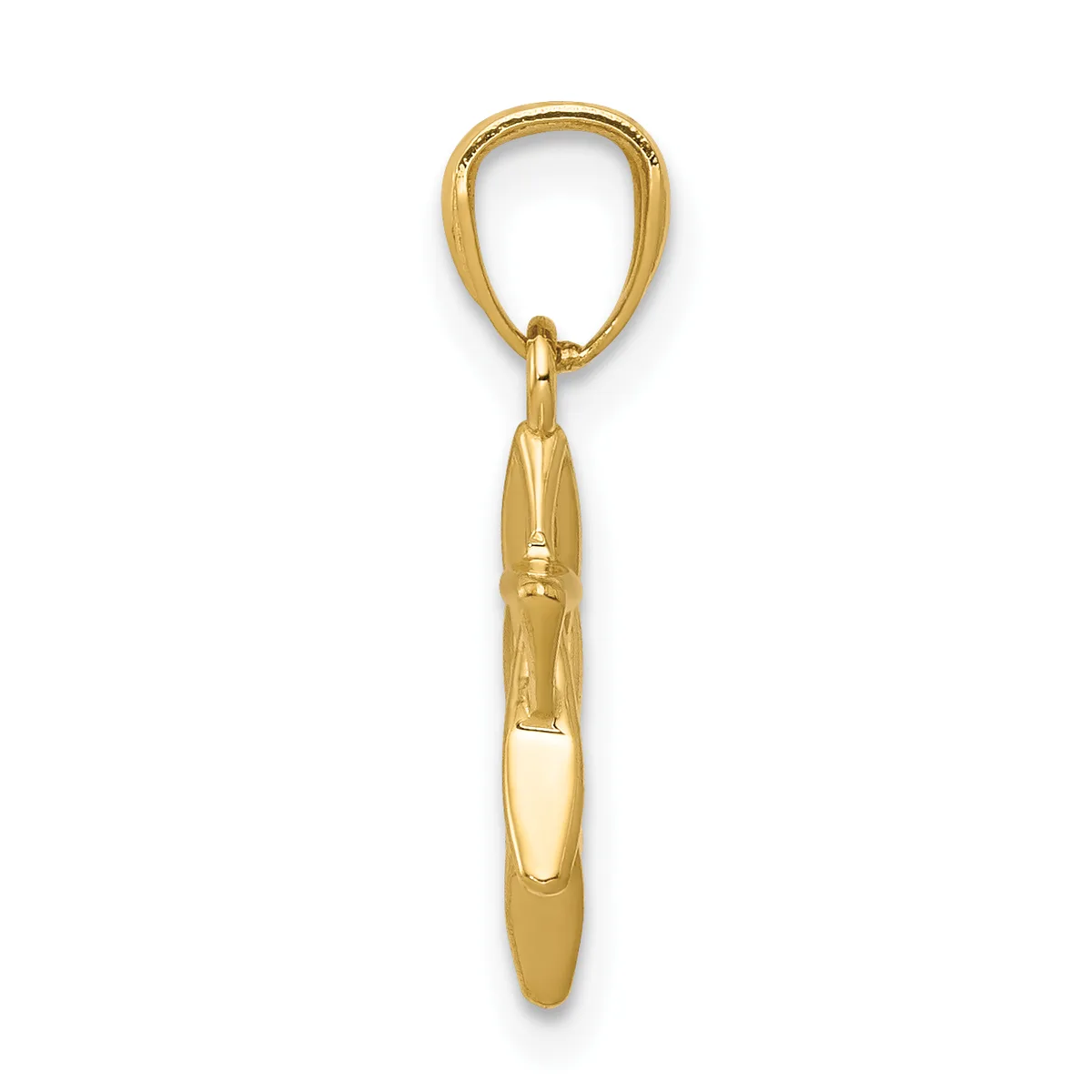 A gold-toned metal pendant charm shaped like a pen or writing instrument, attached to a matching curved bail loop.