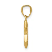 A gold-toned metal pendant charm shaped like a pen or writing instrument, attached to a matching curved bail loop.