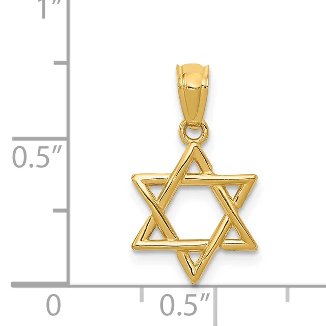 A gold Star of David pendant shown next to a measurement scale indicating its size is approximately half an inch in width and height.