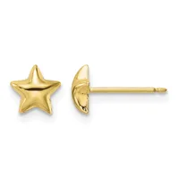 Pair of gold star-shaped stud earrings shown from front and side view, displaying polished finish and post backs.