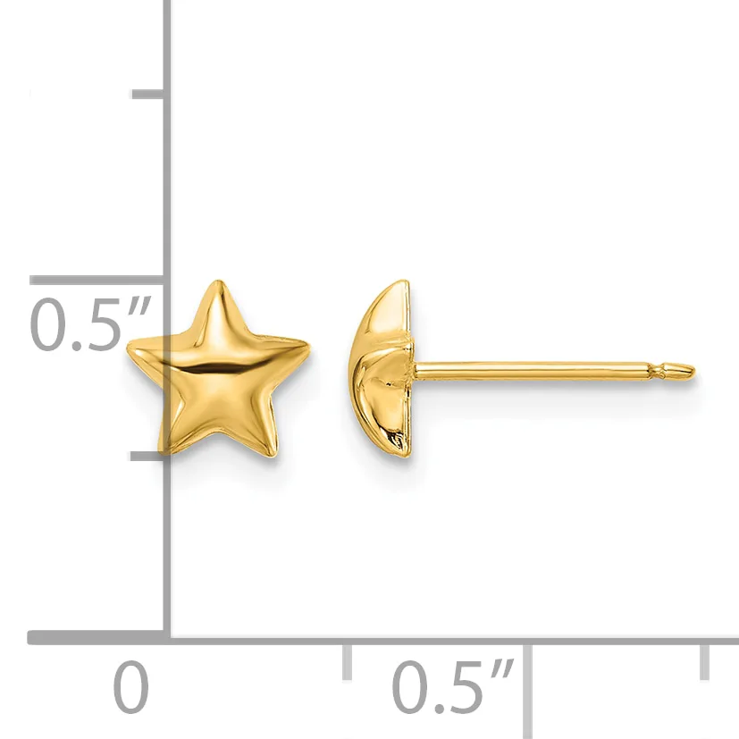 Pair of gold star-shaped stud earrings shown front and side view with a measurement scale indicating approximately 0.5 inches in size.
