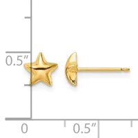 Pair of gold star-shaped stud earrings shown front and side view with a measurement scale indicating approximately 0.5 inches in size.