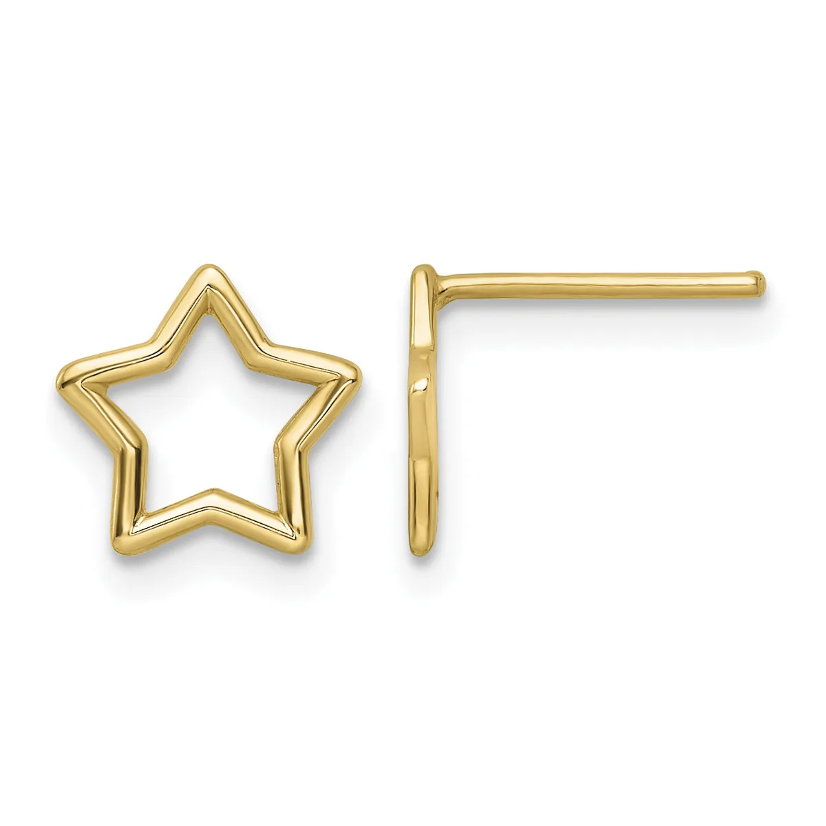 A pair of gold star-shaped stud earrings shown from the front and side view, displaying the hollow outlined design and post back.