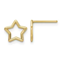 A pair of gold star-shaped stud earrings shown from the front and side view, displaying the hollow outlined design and post back.